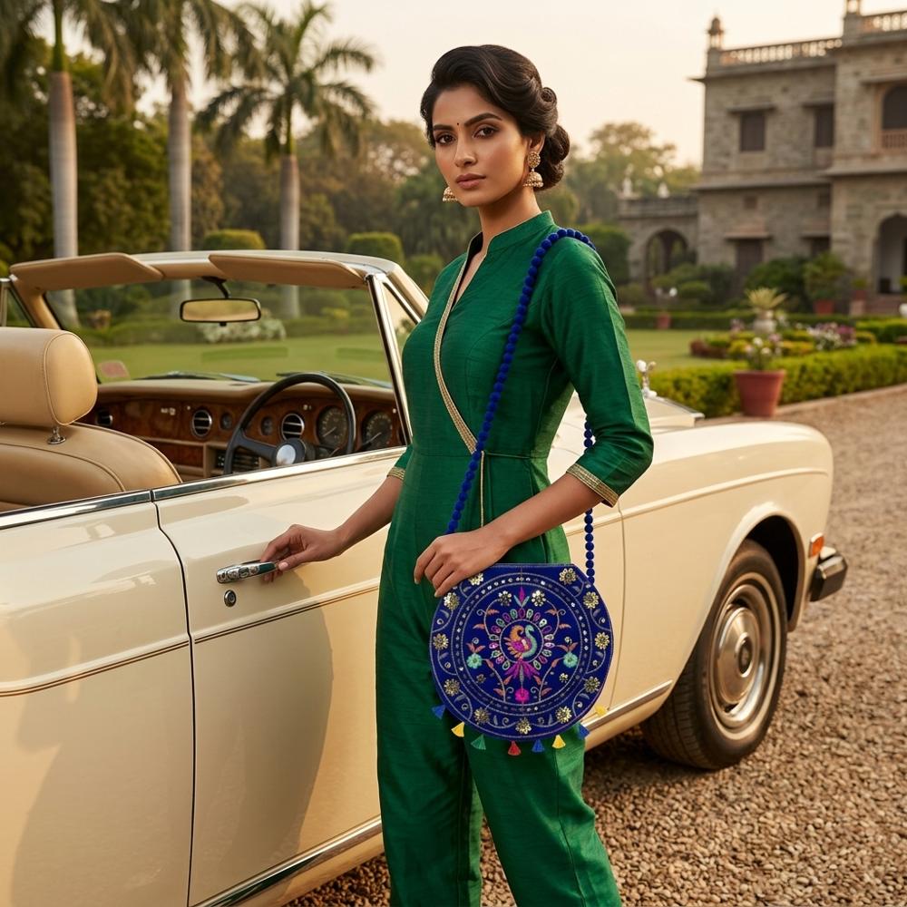 Ethnic Embroidery Bag With Stylish Beaded Strap - Color: Blue