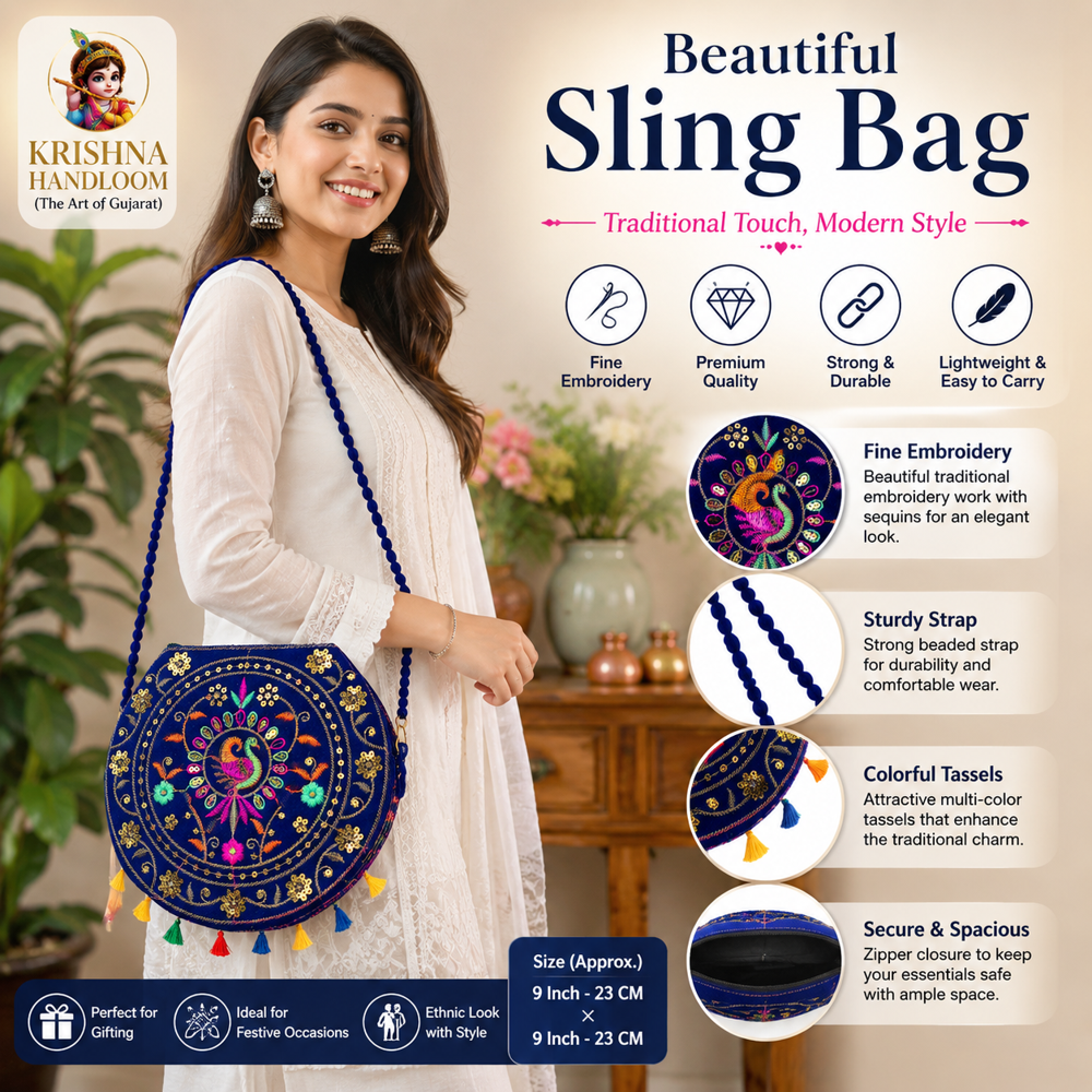 Women Designer Embroidered Shoulder Bag - Color: Blue