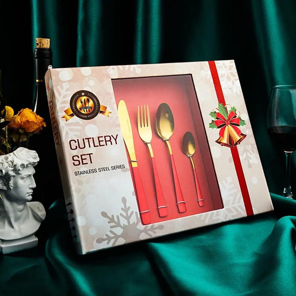 24-Piece Premium Stainless Steel Cutly Set - Elegant Gold & Black Luxury Spoon and Fork Gift Box Set