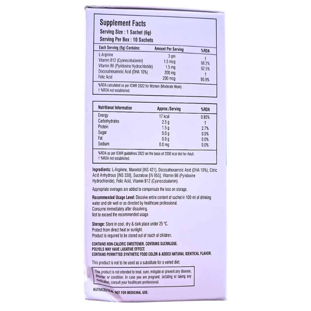 L-Arginine,Vitamin B12,Vitamin B6,Docosahexaenoic Acid (DHA 10%) & Folic Acid Oral Powder