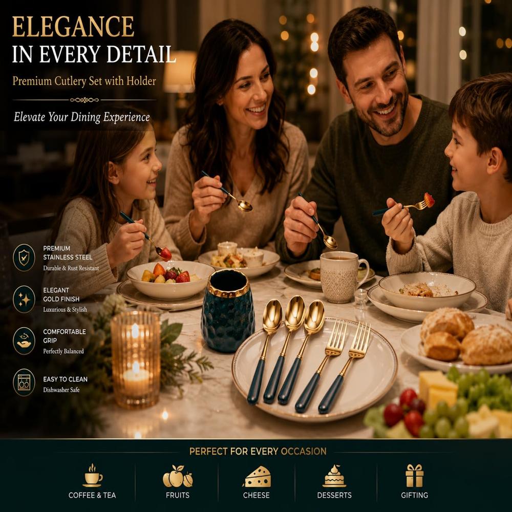 7-Piece Luxury Emerald Green Ceramic Handle Gold Cutlery Set with Matching Ceramic Holder Stand