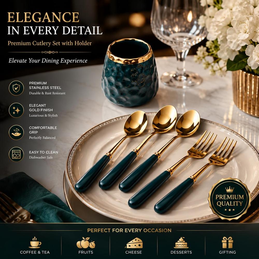 7-Piece Luxury Emerald Green Ceramic Handle Gold Cutlery Set with Matching Ceramic Holder Stand