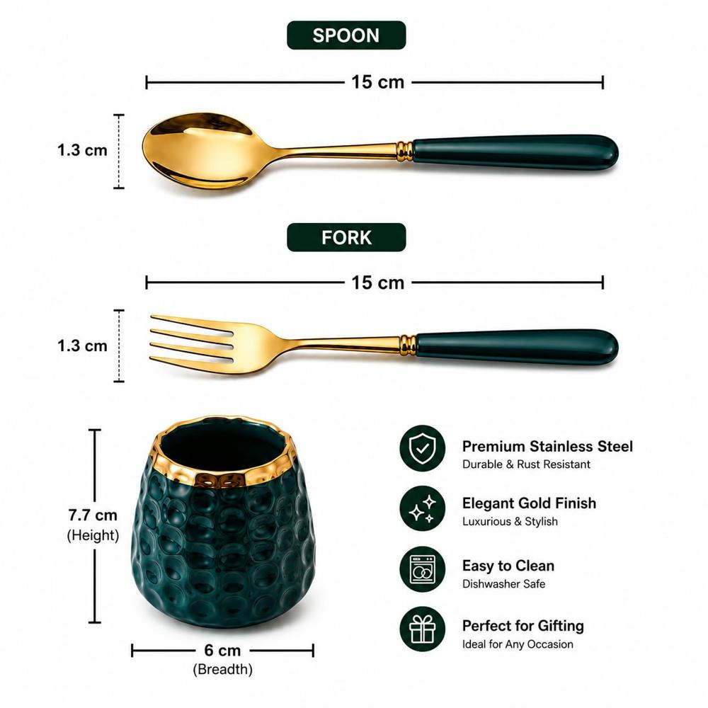 7-Piece Luxury Emerald Green Ceramic Handle Gold Cutlery Set with Matching Ceramic Holder Stand