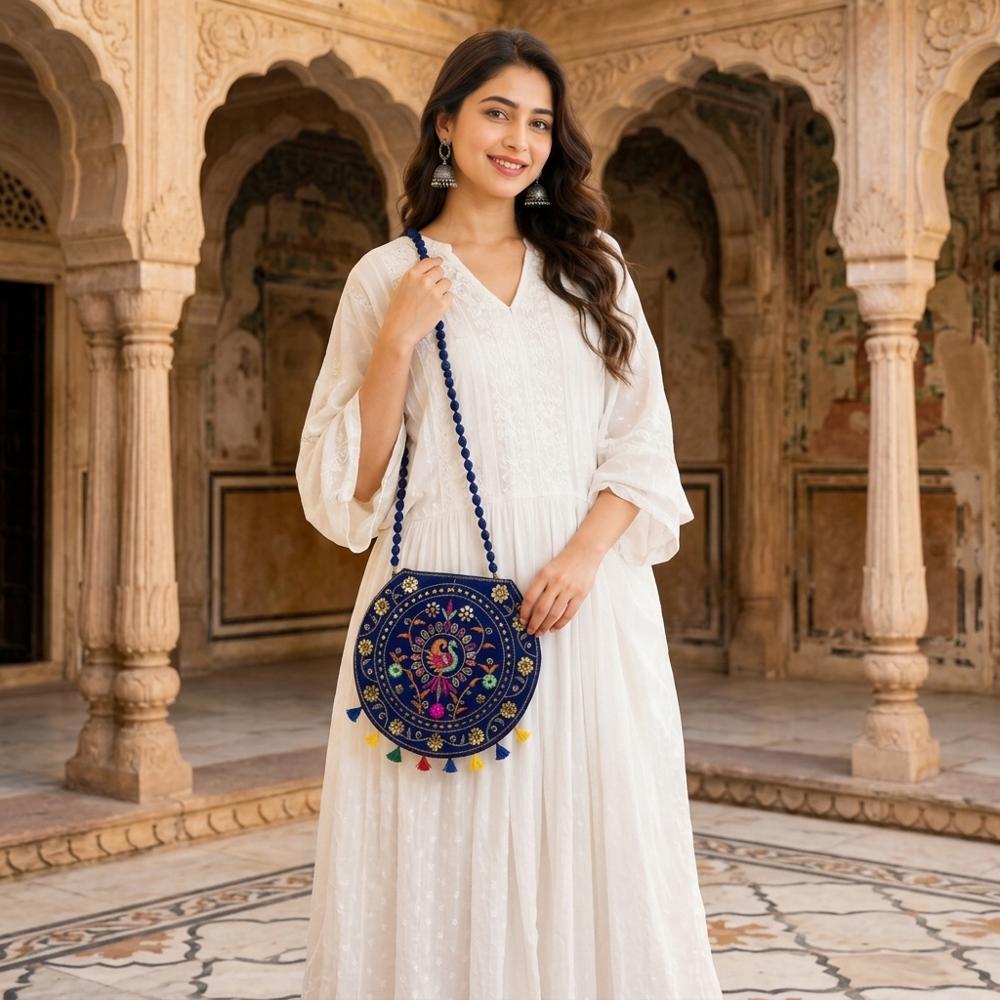 Designer Embroidered Crossbody Sling Bag For Women - Color: Blue