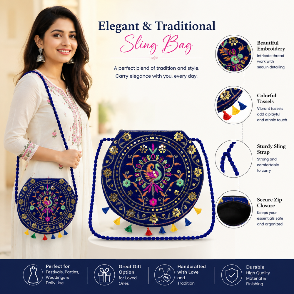 Women Handcrafted Traditional Shoulder Purse - Color: Blue
