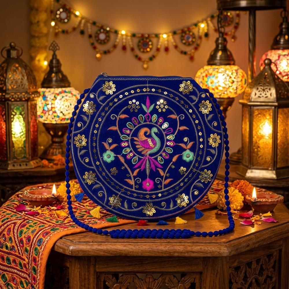 Ethnic Blue Embroidery Sling Bag for Women