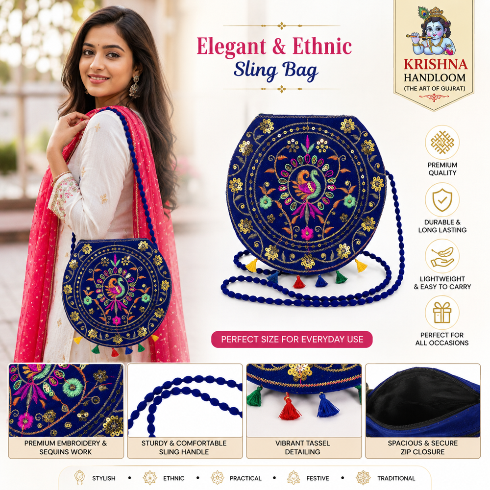 Women Stylish Ethnic Embroidered Crossbody Bag - Color: Blue