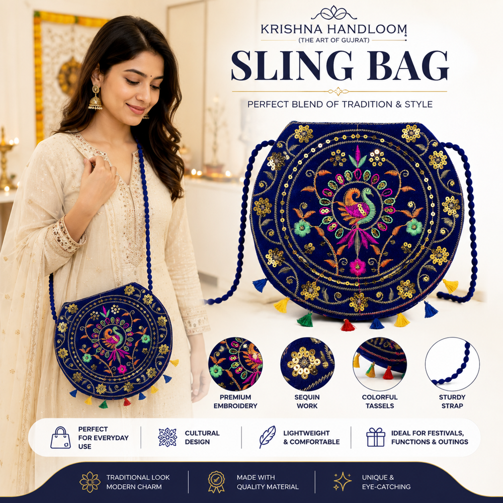 Women Ethnic Sling Purse With Secure Zip Closure - Color: Blue