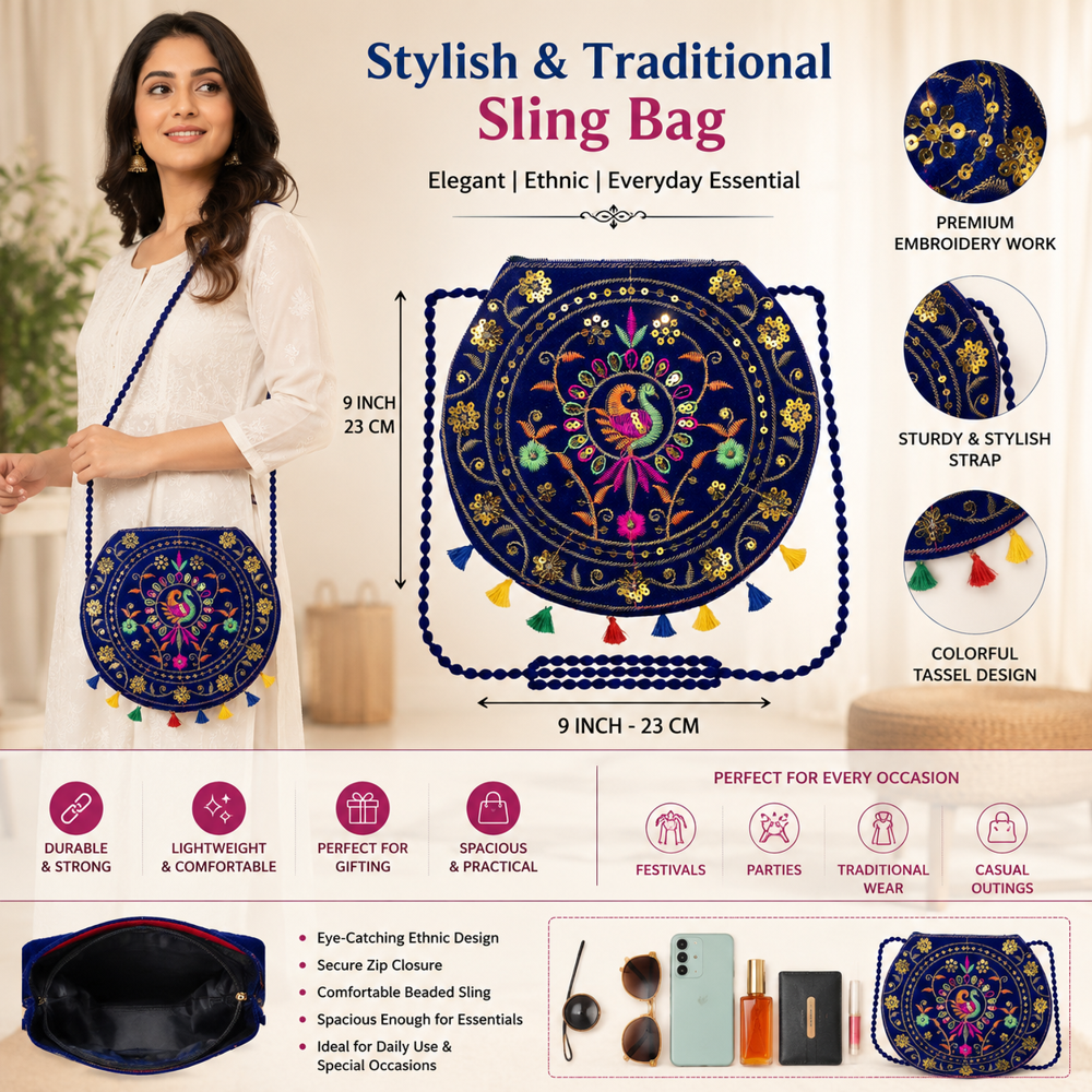 Women Ethnic Sling Purse with Secure Zip Closure