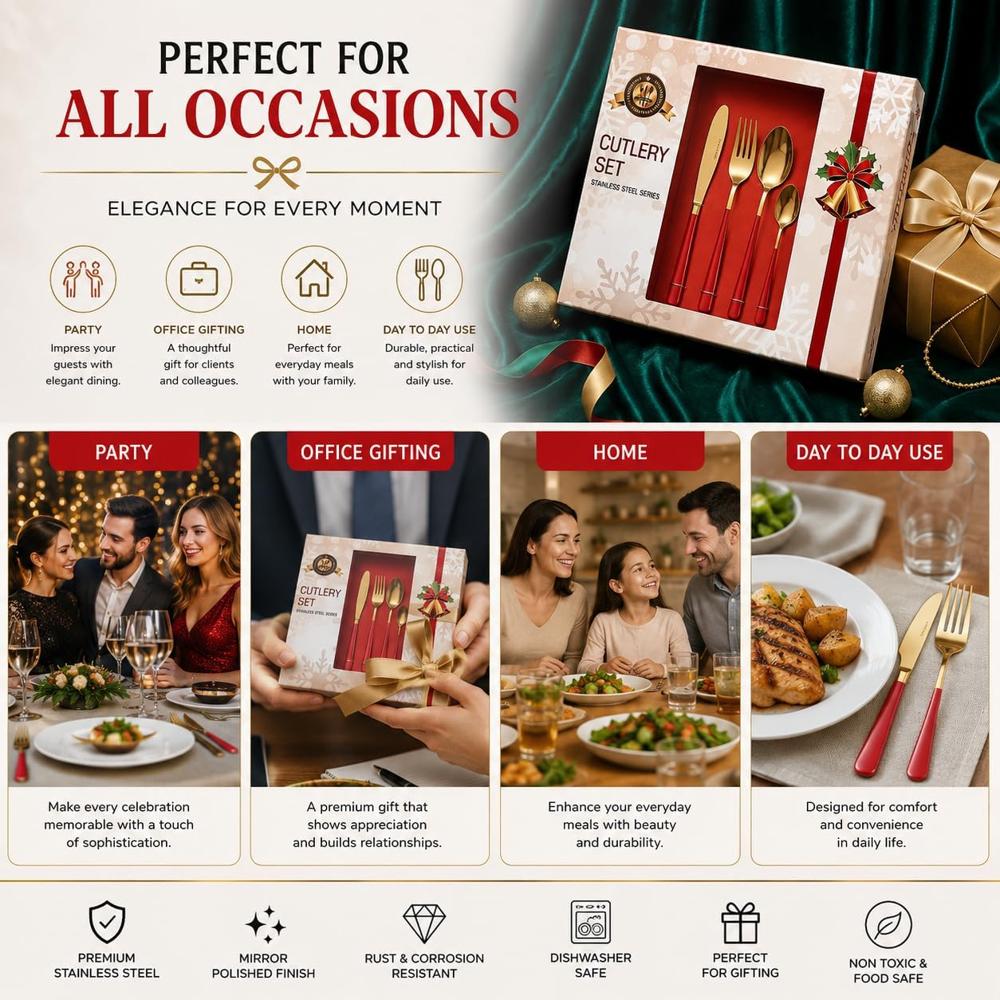 24-Piece Premium Stainless Steel Cutly Set - Elegant Gold & Black Luxury Spoon and Fork Gift Box Set