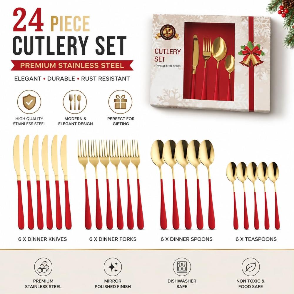 24-Piece Premium Stainless Steel Cutly Set - Elegant Gold & Black Luxury Spoon and Fork Gift Box Set