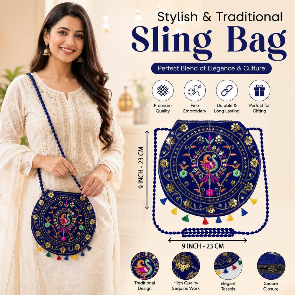 Ethnic Embroidered Crossbody Purse For Women - Color: Blue