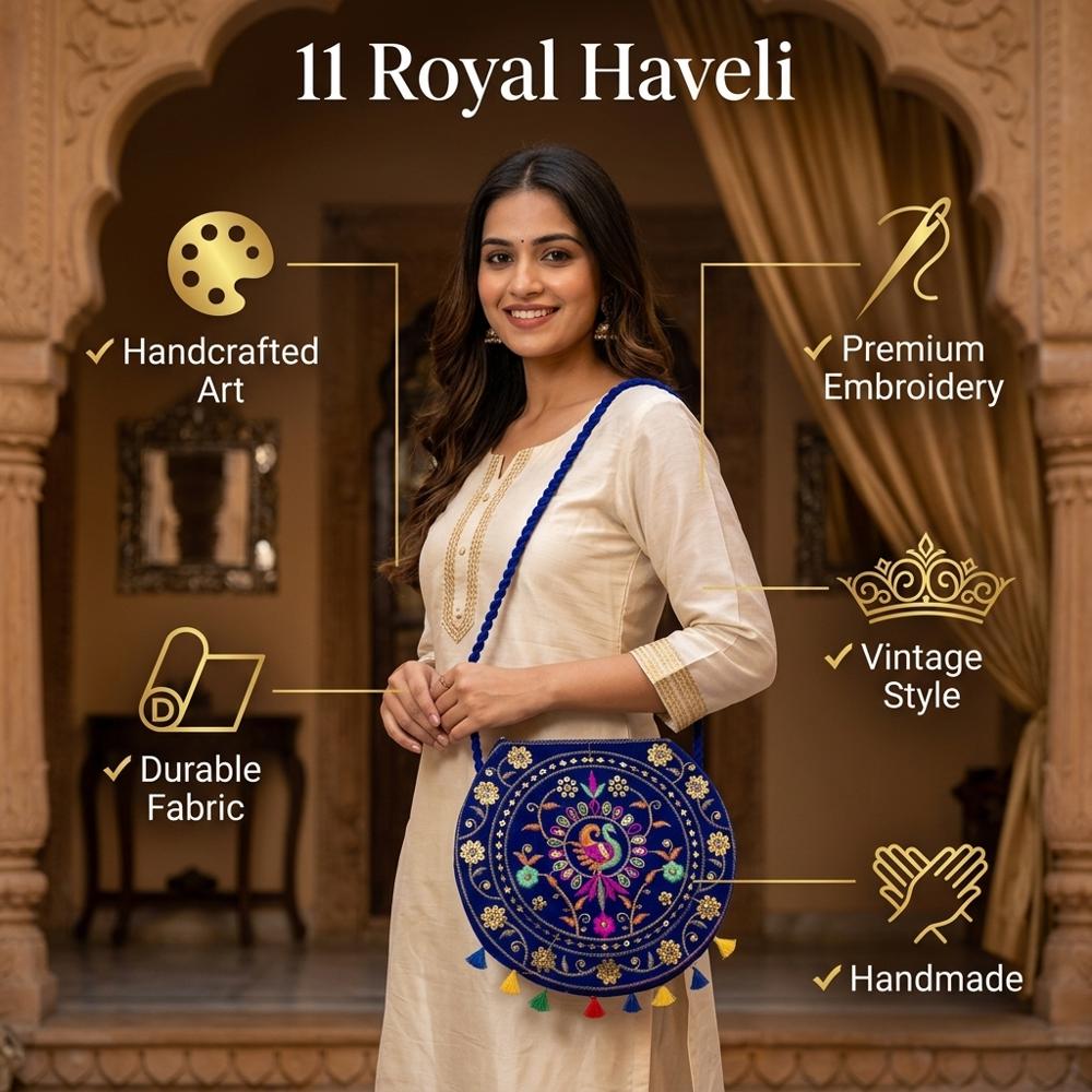 Traditional Sling Bag With Peacock & Floral Embroidery - Color: Black