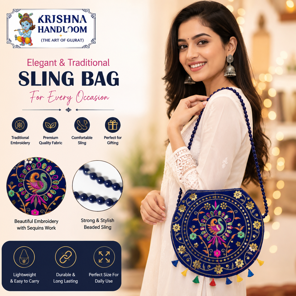 Traditional Sling Bag with Peacock & Floral Embroidery
