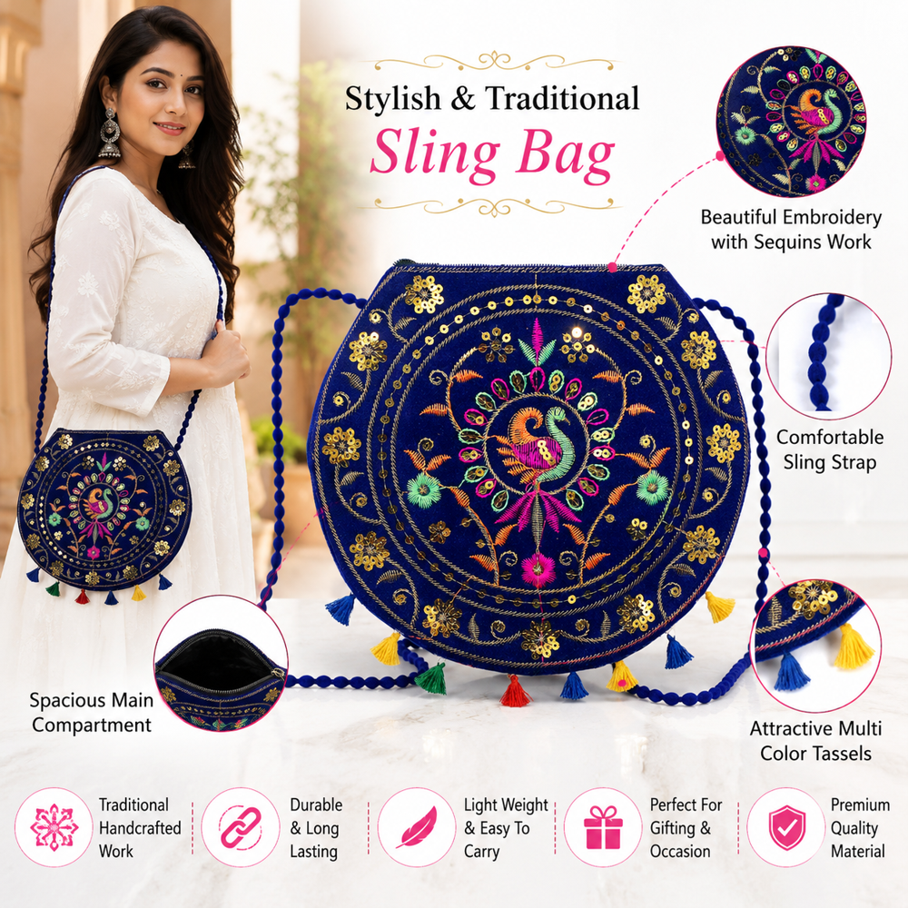 Women Designer Ethnic Shoulder Sling Purse - Color: Blue