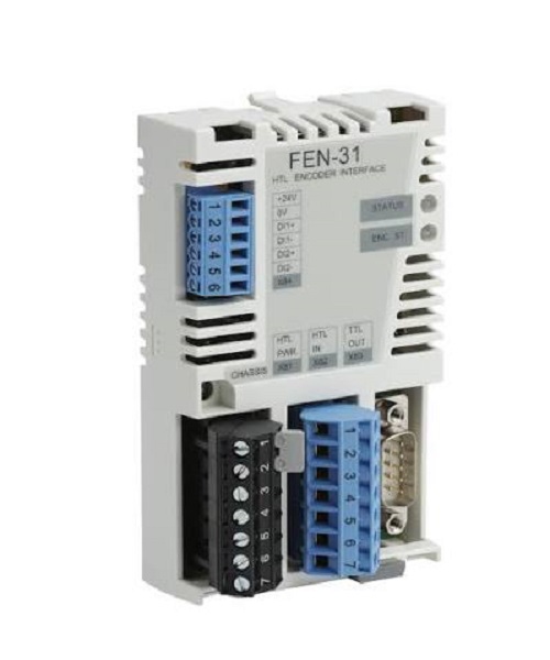 ABB FEN-31 HTL Encoder Interface Card (68978955) | High-Threshold Logic (HTL) incremental encoder input, RS-422 TTL emulation output, 2 digital latch inputs, motor temperature sensor integration, drive-based feedback option (+L502)