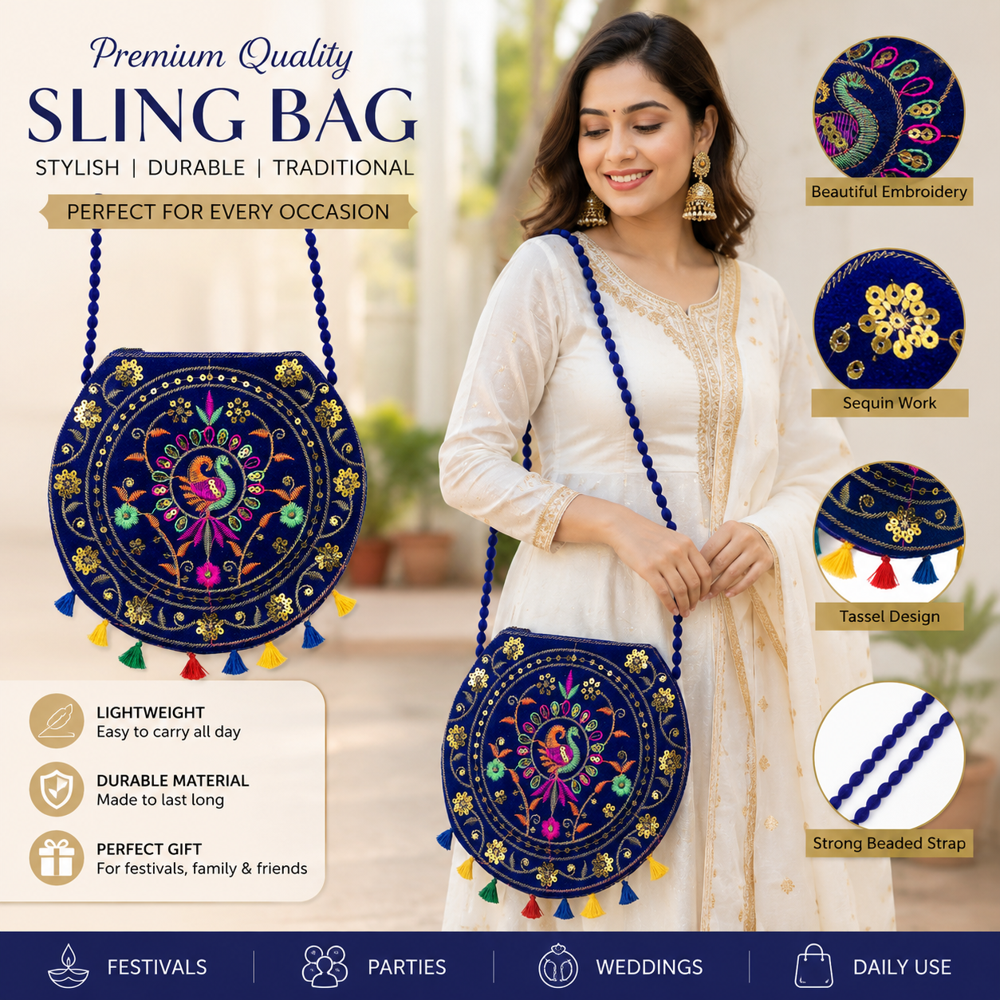 Women Handcrafted Sling Bag with Multicolour Tassels