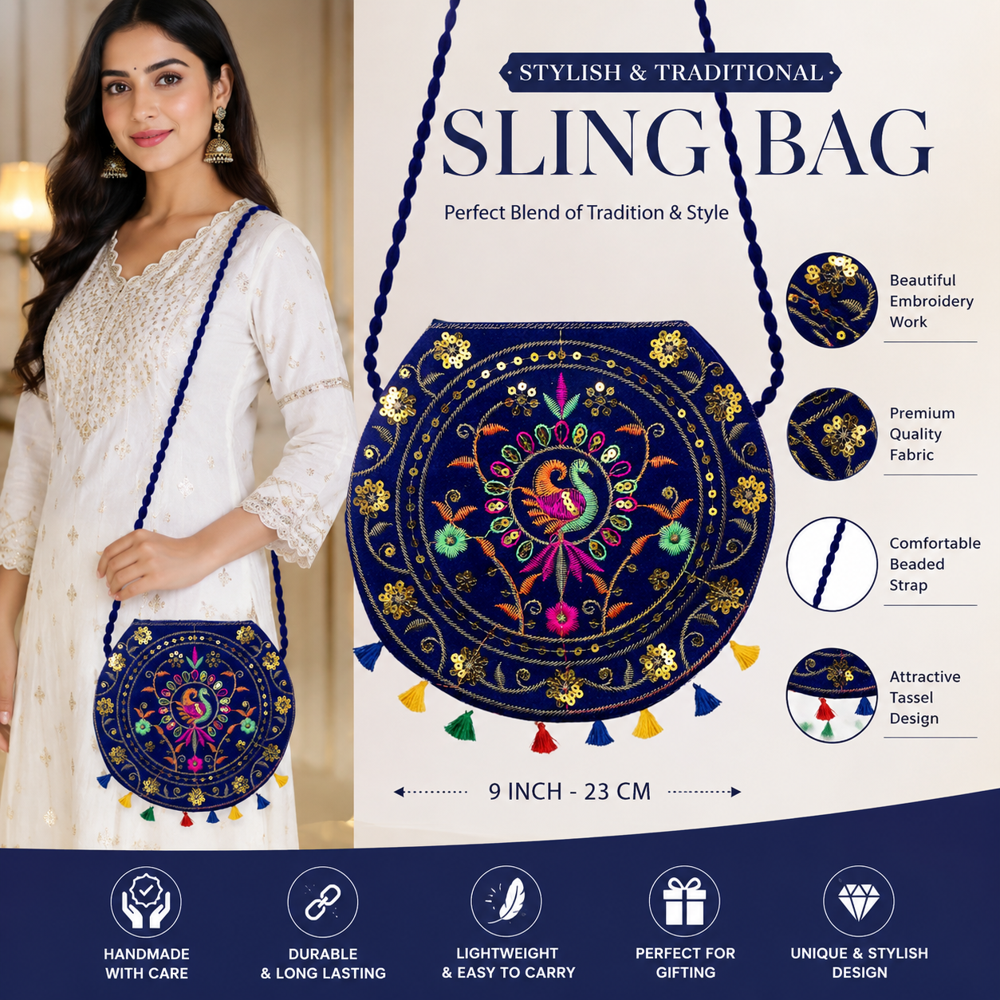 Designer Ethnic Peacock Shoulder Bag For Women - Color: Blue