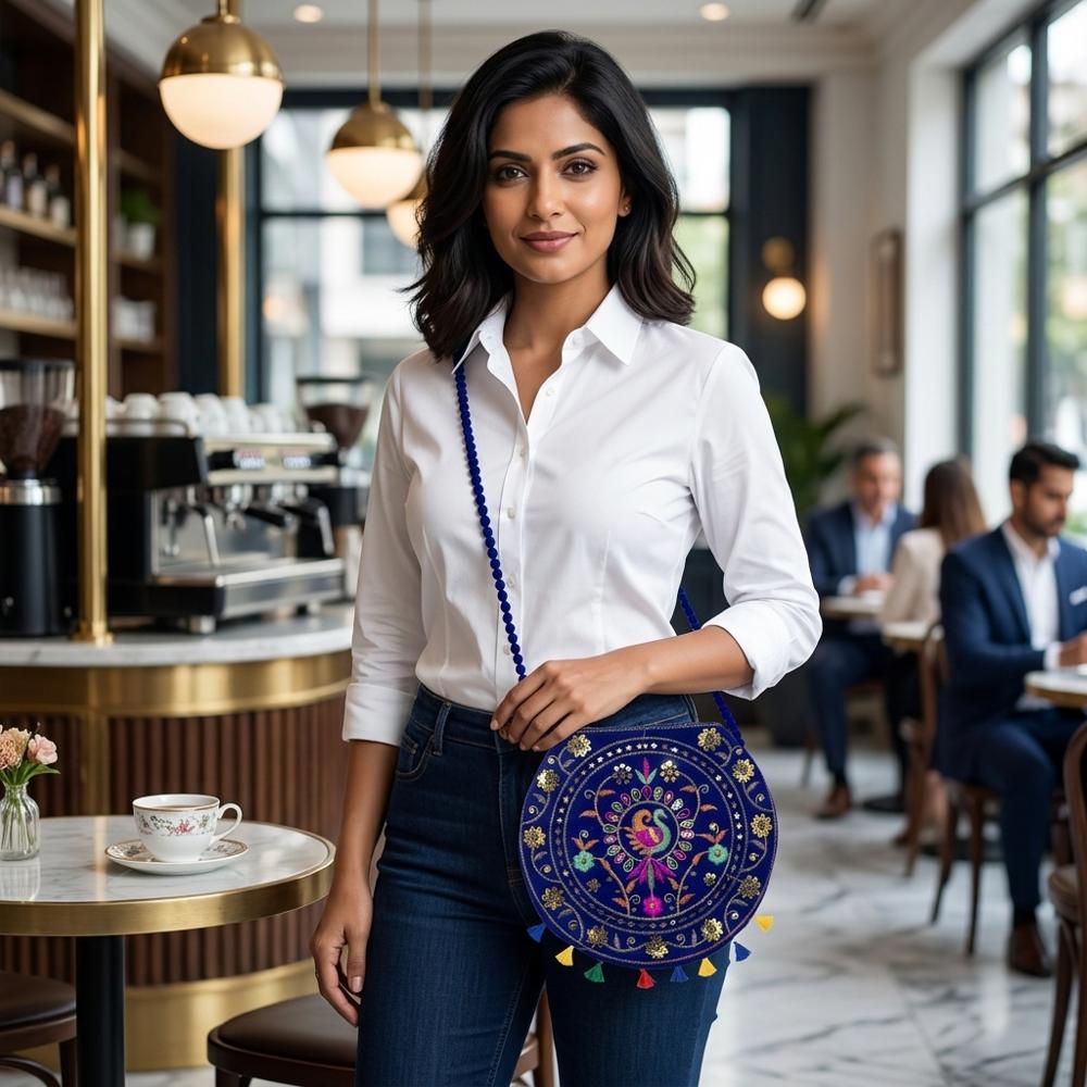 Women Peacock Design Sling Bag For Festive Occasion - Color: Blue
