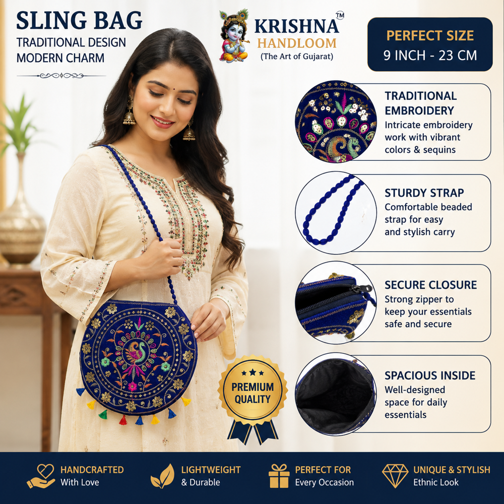 Ethnic Embroidered Crossbody Purse For Women - Color: Blue