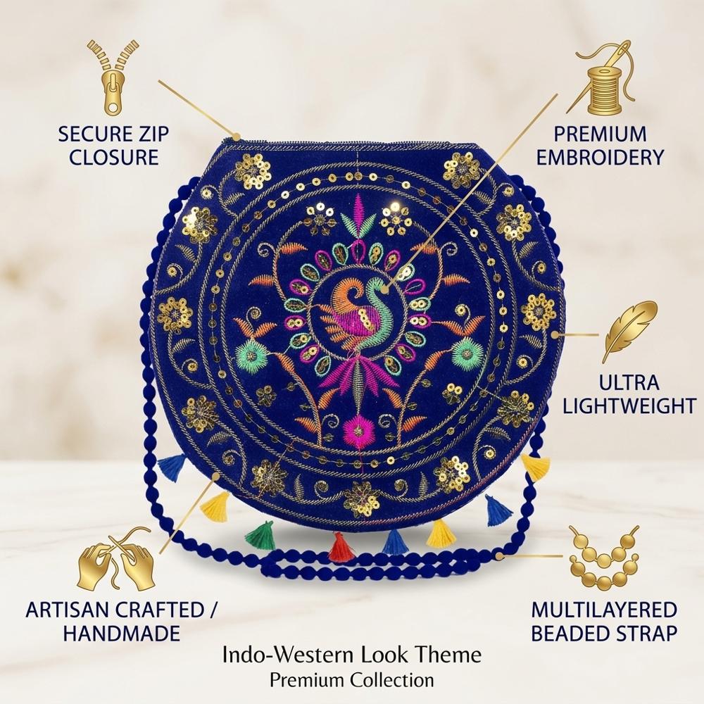 Traditional Sling Bag With Peacock & Floral Embroidery - Color: Blue