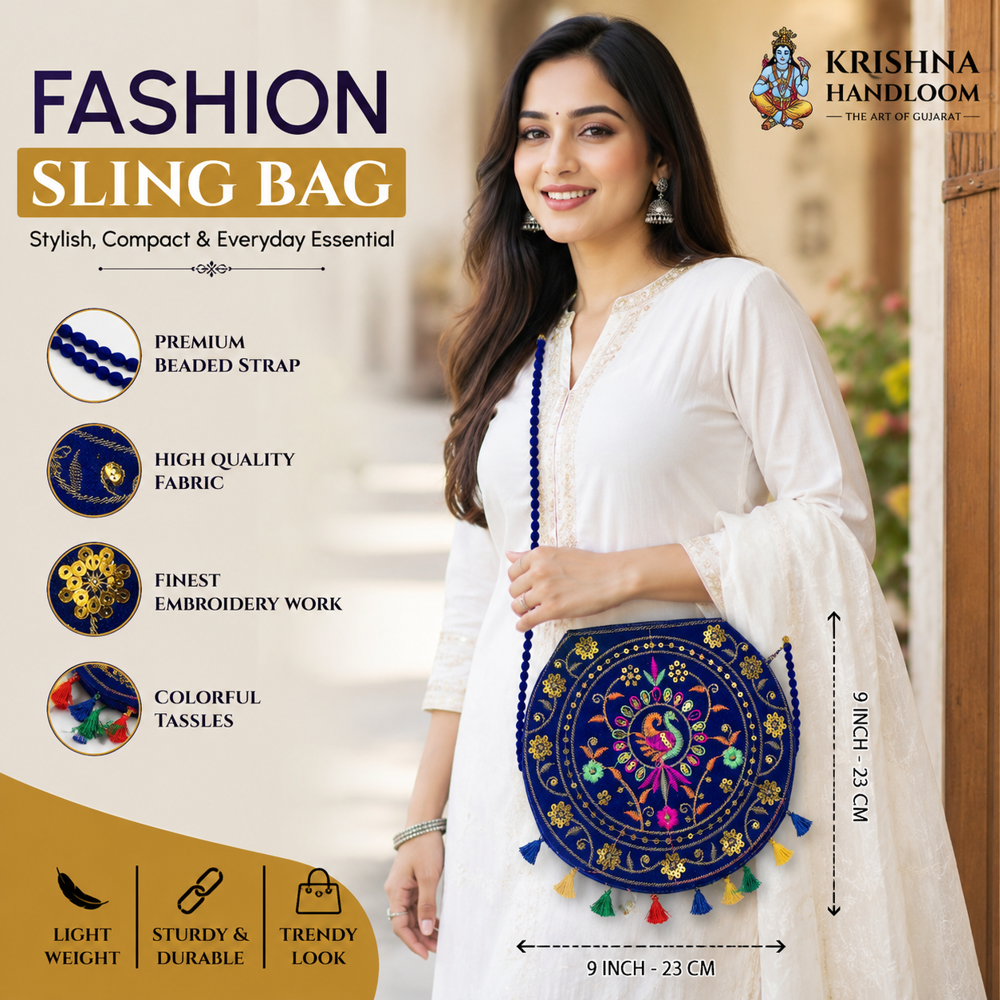 Women Ethnic Crossbody Bag With Beaded Strap - Color: Blue