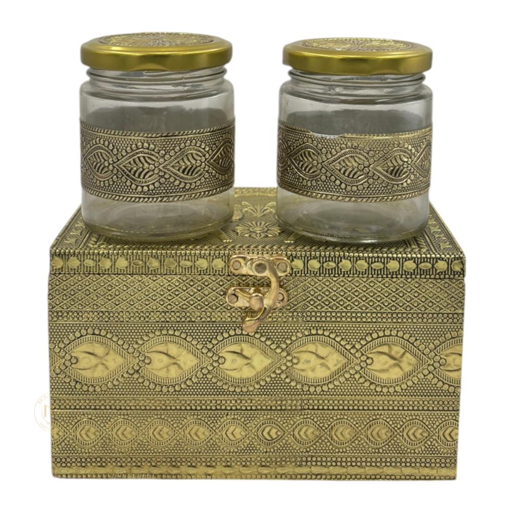 Premium Decorative Brass Finish Meenakari Dry Fruit Box with 2 Glass Jars for Gifting & Festive use
