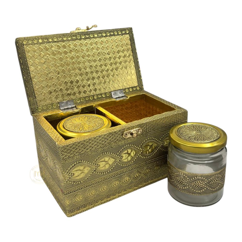 Premium Decorative Brass Finish Meenakari Dry Fruit Box with 2 Glass Jars for Gifting & Festive use