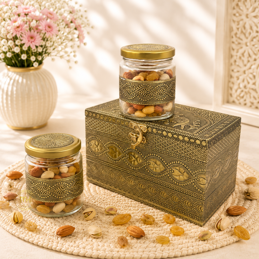 Premium Decorative Brass Finish Meenakari Dry Fruit Box with 2 Glass Jars for Gifting & Festive use