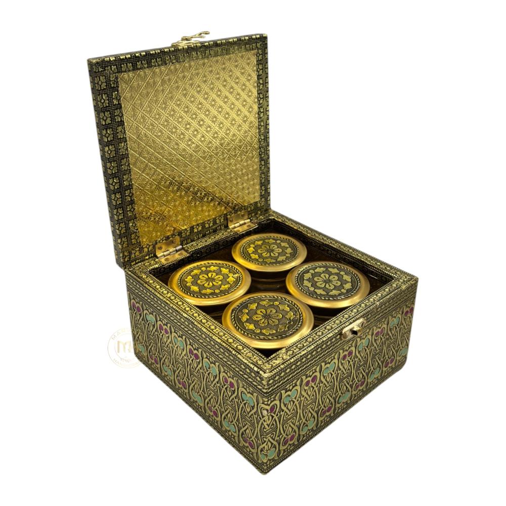 Premium Decorative Brass Finish Meenakari Dry Fruit Box with 4 Glass Jars for Gifting & Festive use
