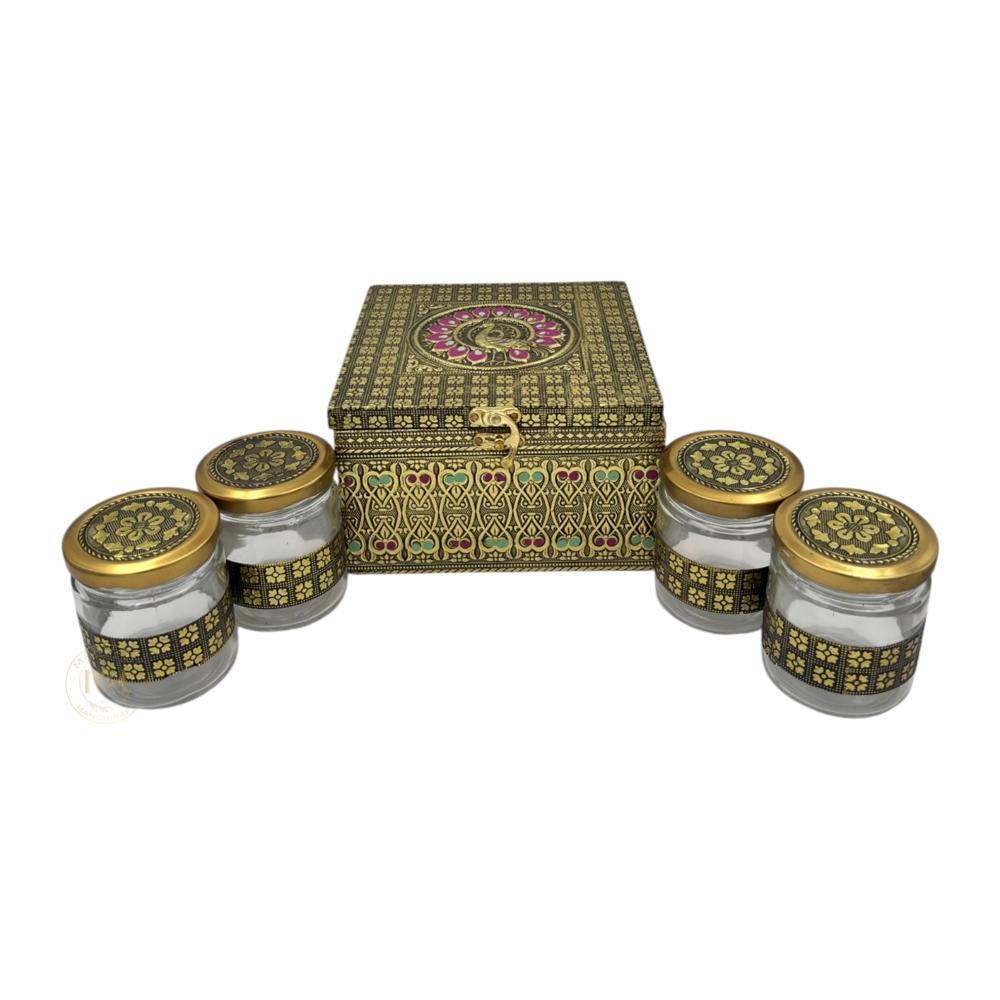 Premium Decorative Brass Finish Meenakari Dry Fruit Box with 4 Glass Jars for Gifting & Festive use