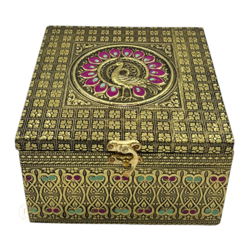 Premium Decorative Brass Finish Meenakari Dry Fruit Box with 4 Glass Jars for Gifting & Festive use