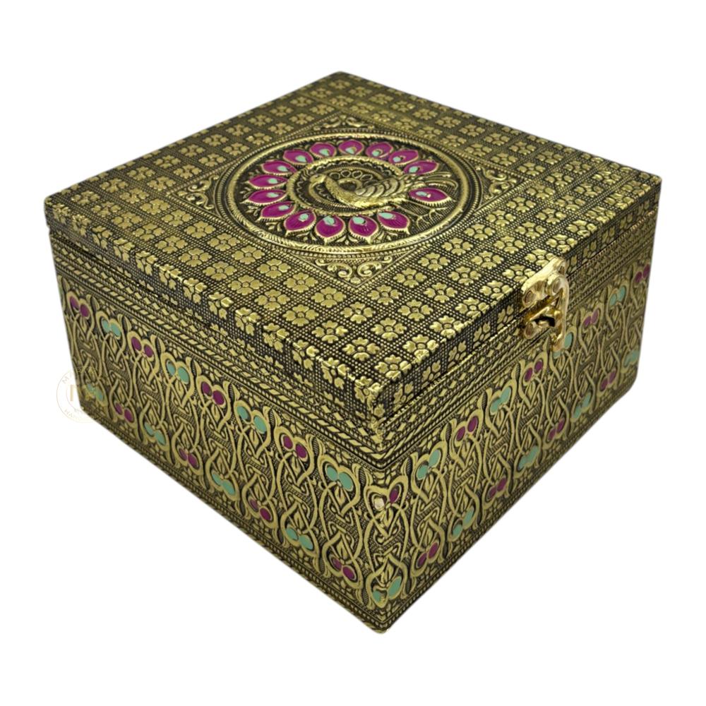 Premium Decorative Brass Finish Meenakari Dry Fruit Box with 4 Glass Jars for Gifting & Festive use