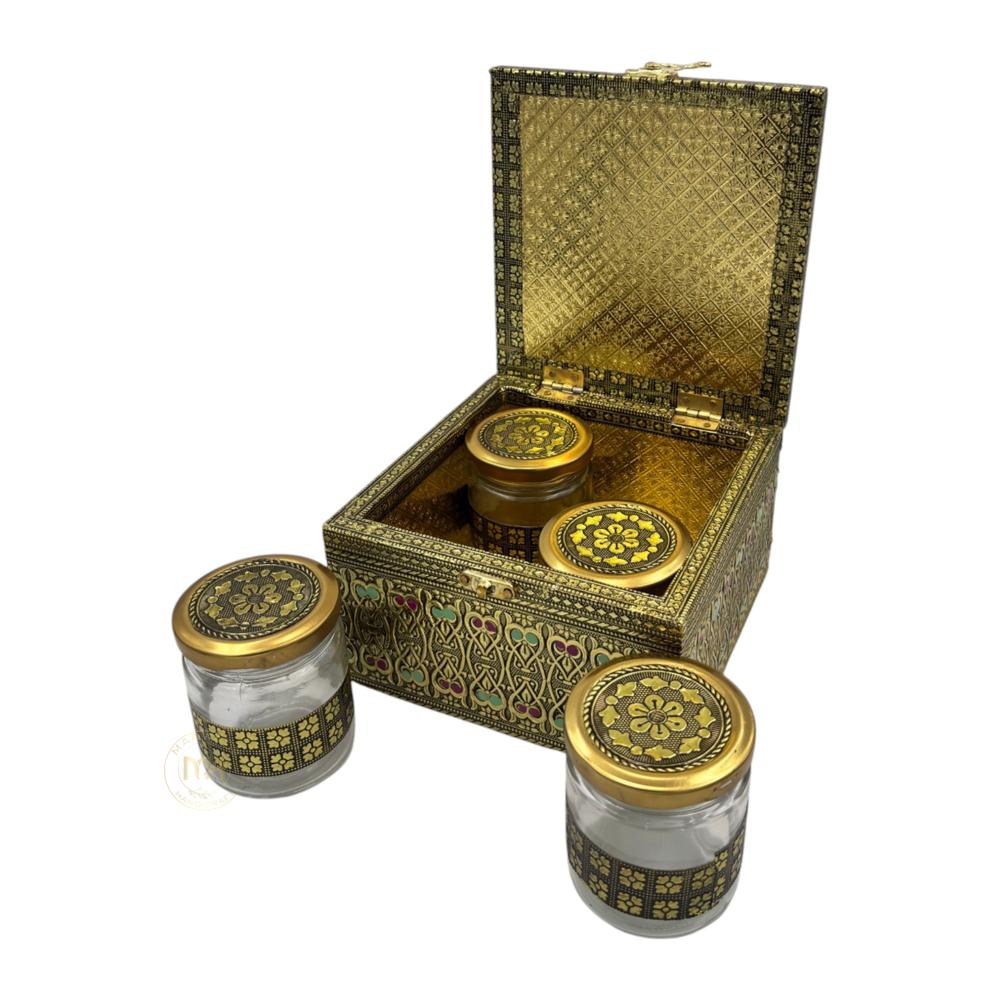 Premium Decorative Brass Finish Meenakari Dry Fruit Box with 4 Glass Jars for Gifting & Festive use