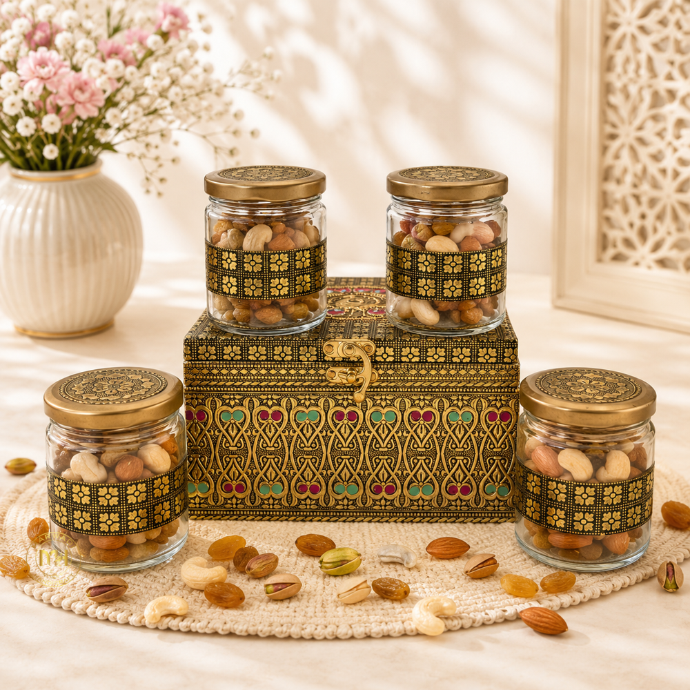 Premium Decorative Brass Finish Meenakari Dry Fruit Box with 4 Glass Jars for Gifting & Festive use