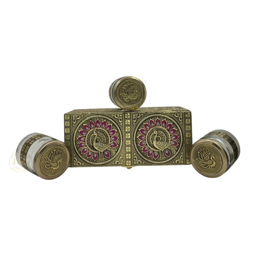 Premium Decorative Brass Finish Meenakari Dry Fruit Box with 3 Glass Jars for Gifting & Festive use