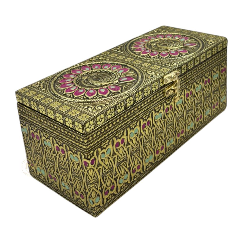 Premium Decorative Brass Finish Meenakari Dry Fruit Box with 3 Glass Jars for Gifting & Festive use
