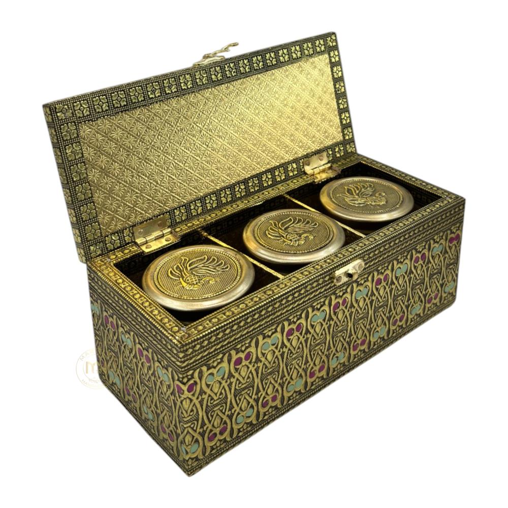 Premium Decorative Brass Finish Meenakari Dry Fruit Box with 3 Glass Jars for Gifting & Festive use