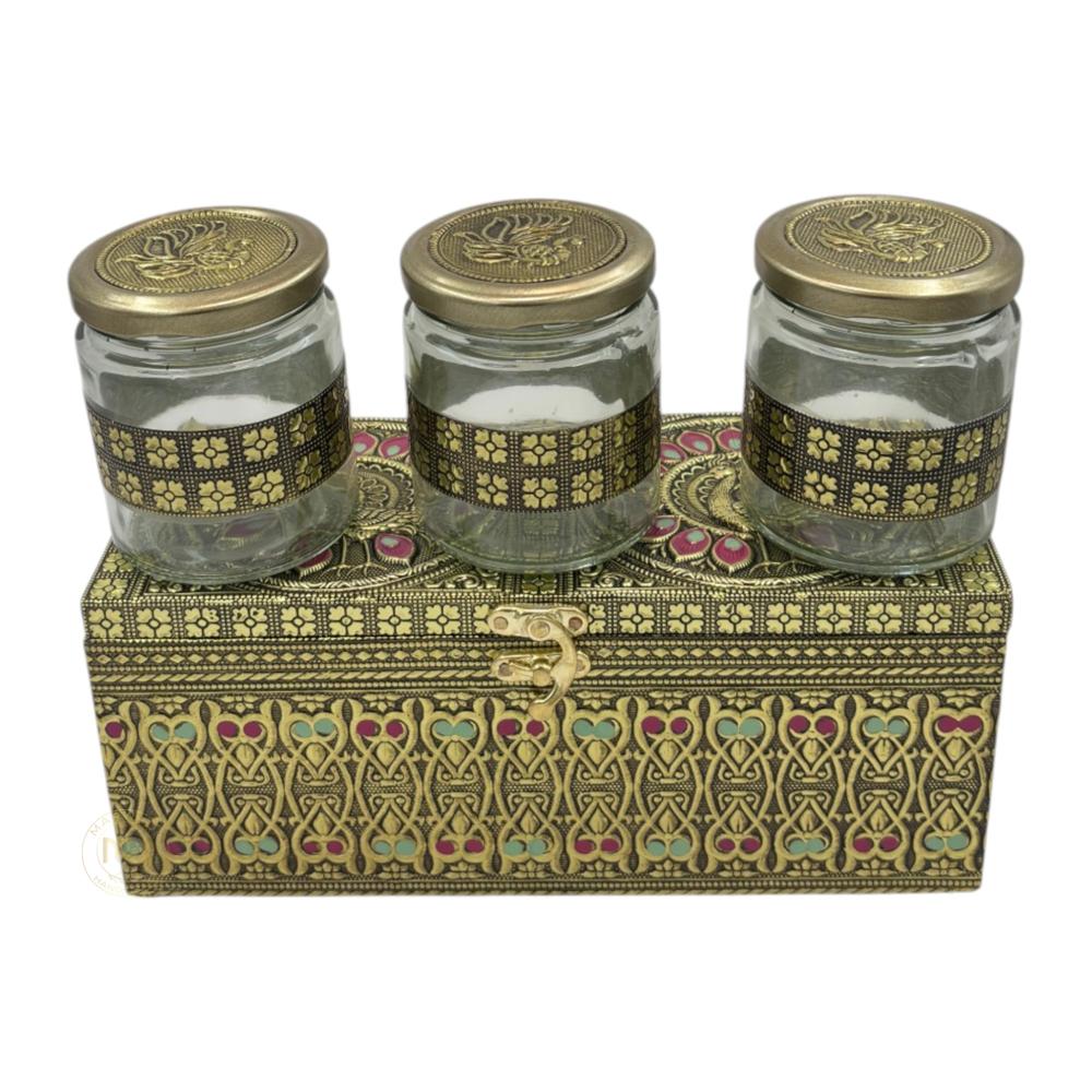 Premium Decorative Brass Finish Meenakari Dry Fruit Box with 3 Glass Jars for Gifting & Festive use