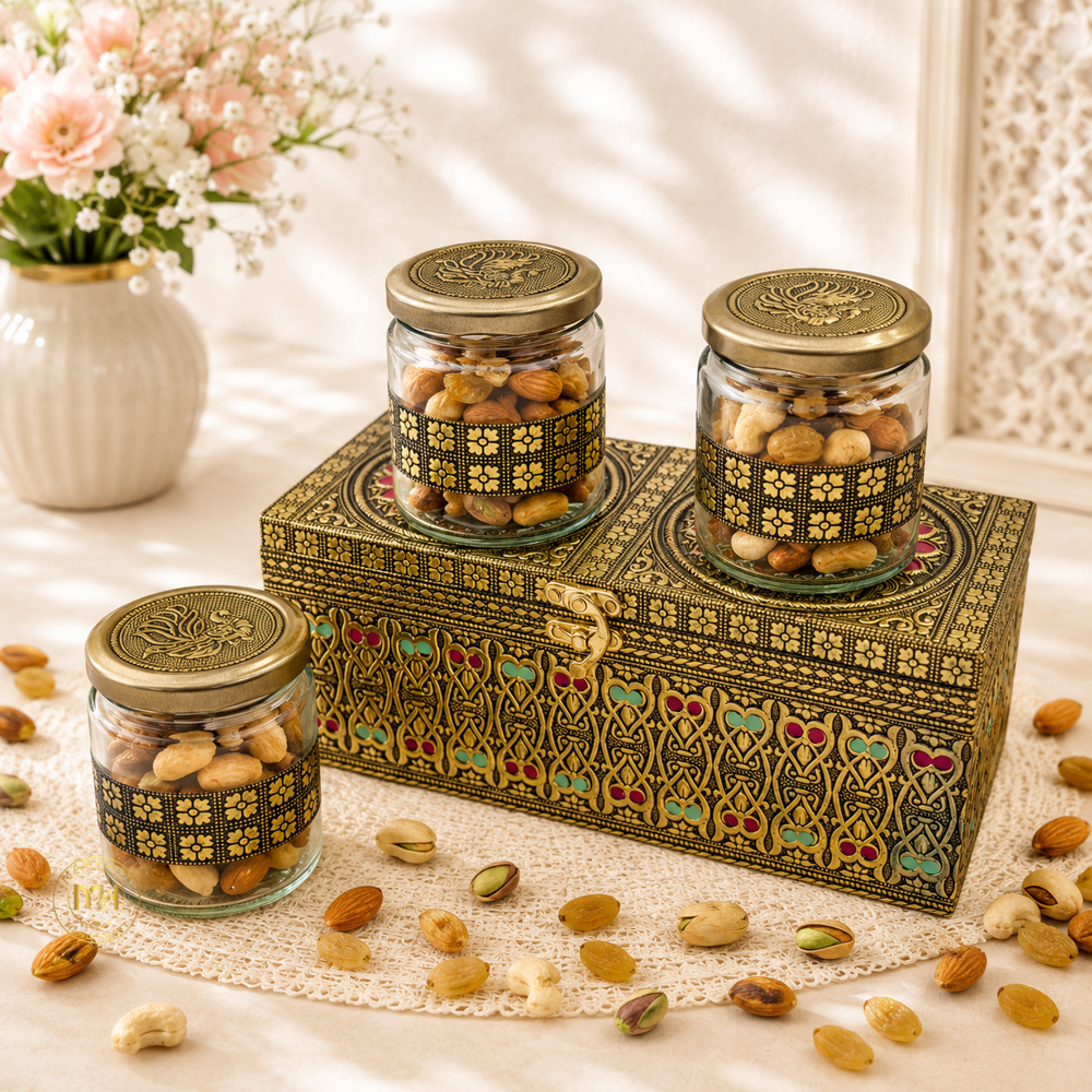 Premium Decorative Brass Finish Meenakari Dry Fruit Box with 3 Glass Jars for Gifting & Festive use