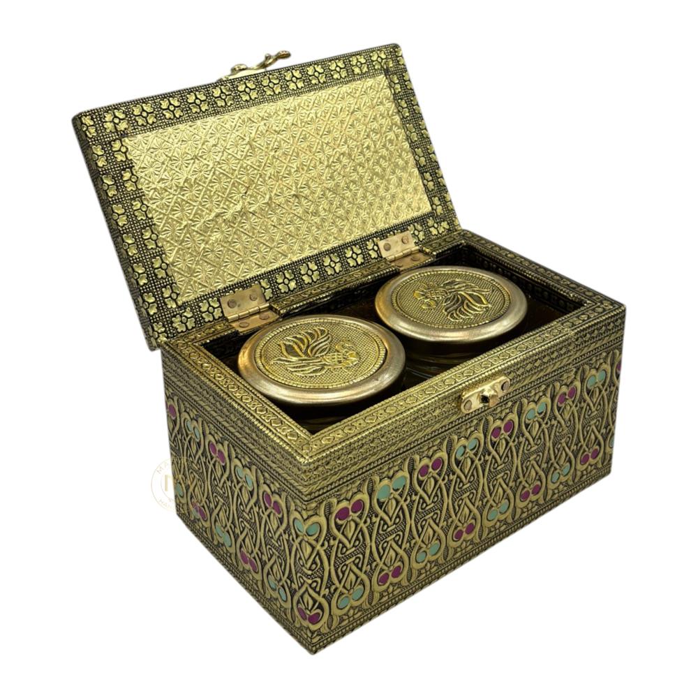 Premium Decorative Brass Finish Meenakari Dry Fruit Box with 2 Glass Jars for Gifting & Festive use