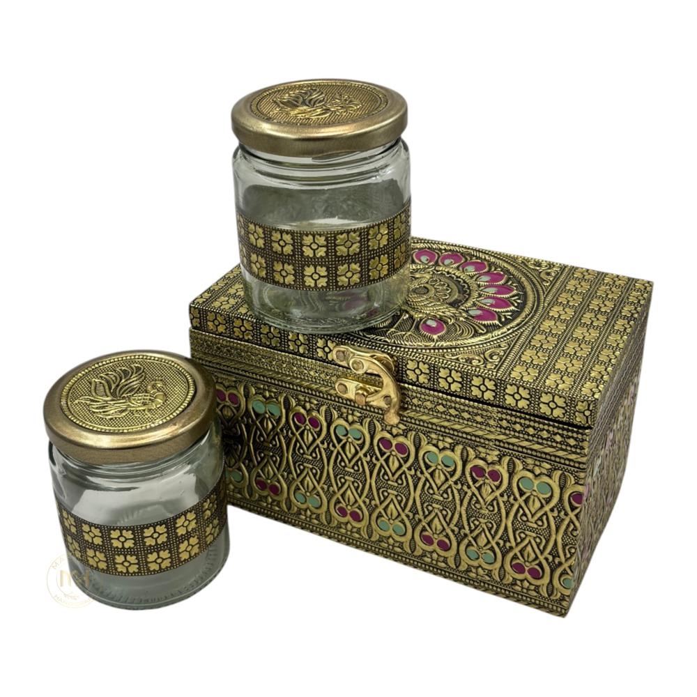 Premium Decorative Brass Finish Meenakari Dry Fruit Box with 2 Glass Jars for Gifting & Festive use