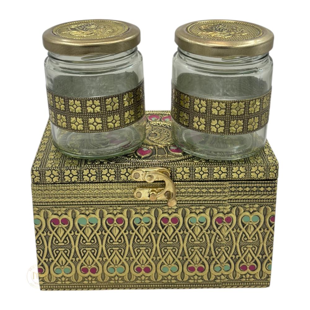 Premium Decorative Brass Finish Meenakari Dry Fruit Box with 2 Glass Jars for Gifting & Festive use