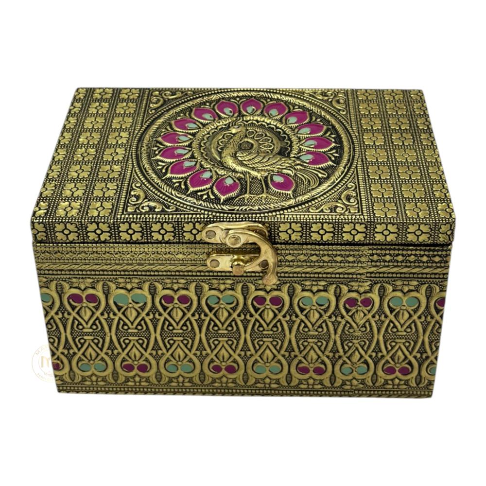 Premium Decorative Brass Finish Meenakari Dry Fruit Box with 2 Glass Jars for Gifting & Festive use
