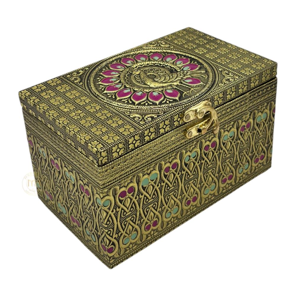 Premium Decorative Brass Finish Meenakari Dry Fruit Box with 2 Glass Jars for Gifting & Festive use