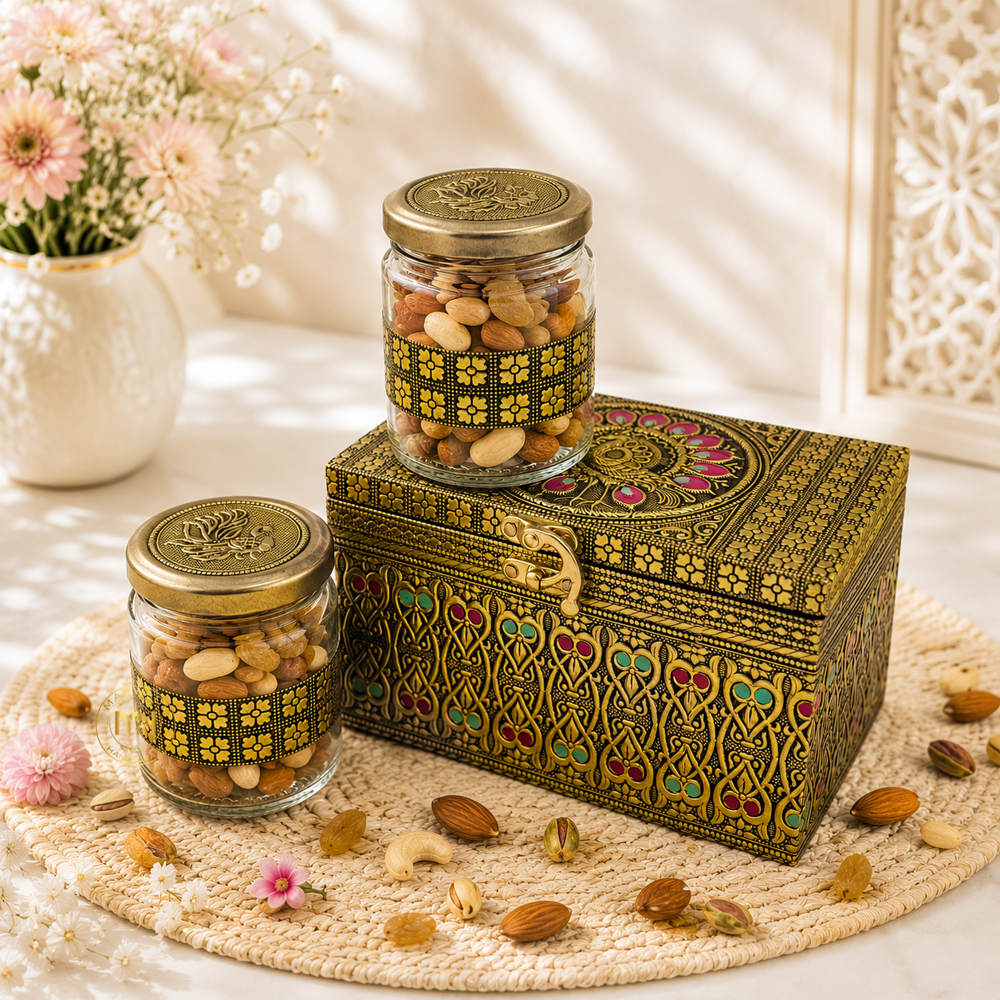 Premium Decorative Brass Finish Meenakari Dry Fruit Box with 2 Glass Jars for Gifting & Festive use