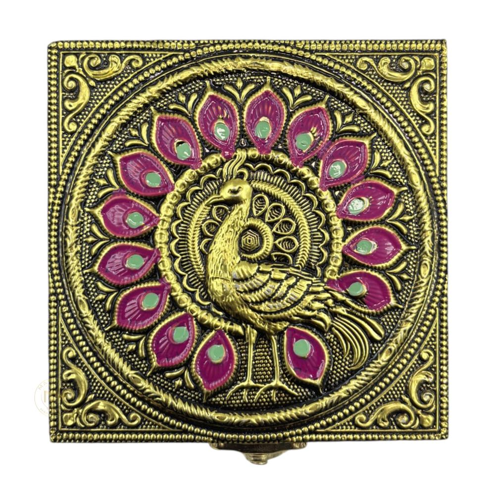 Premium Decorative Brass Finish Meenakari Dry Fruit Box with 1 Glass Jars for Gifting & Festive use