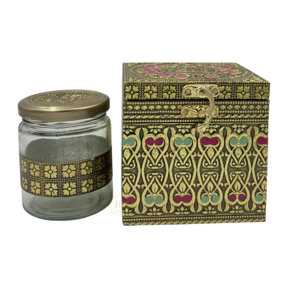 Premium Decorative Brass Finish Meenakari Dry Fruit Box with 1 Glass Jars for Gifting & Festive use