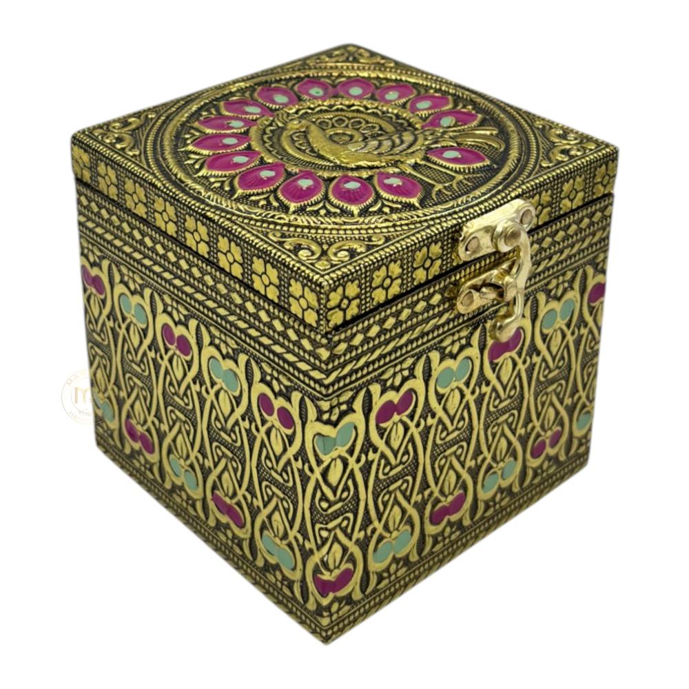 Premium Decorative Brass Finish Meenakari Dry Fruit Box with 1 Glass Jars for Gifting & Festive use