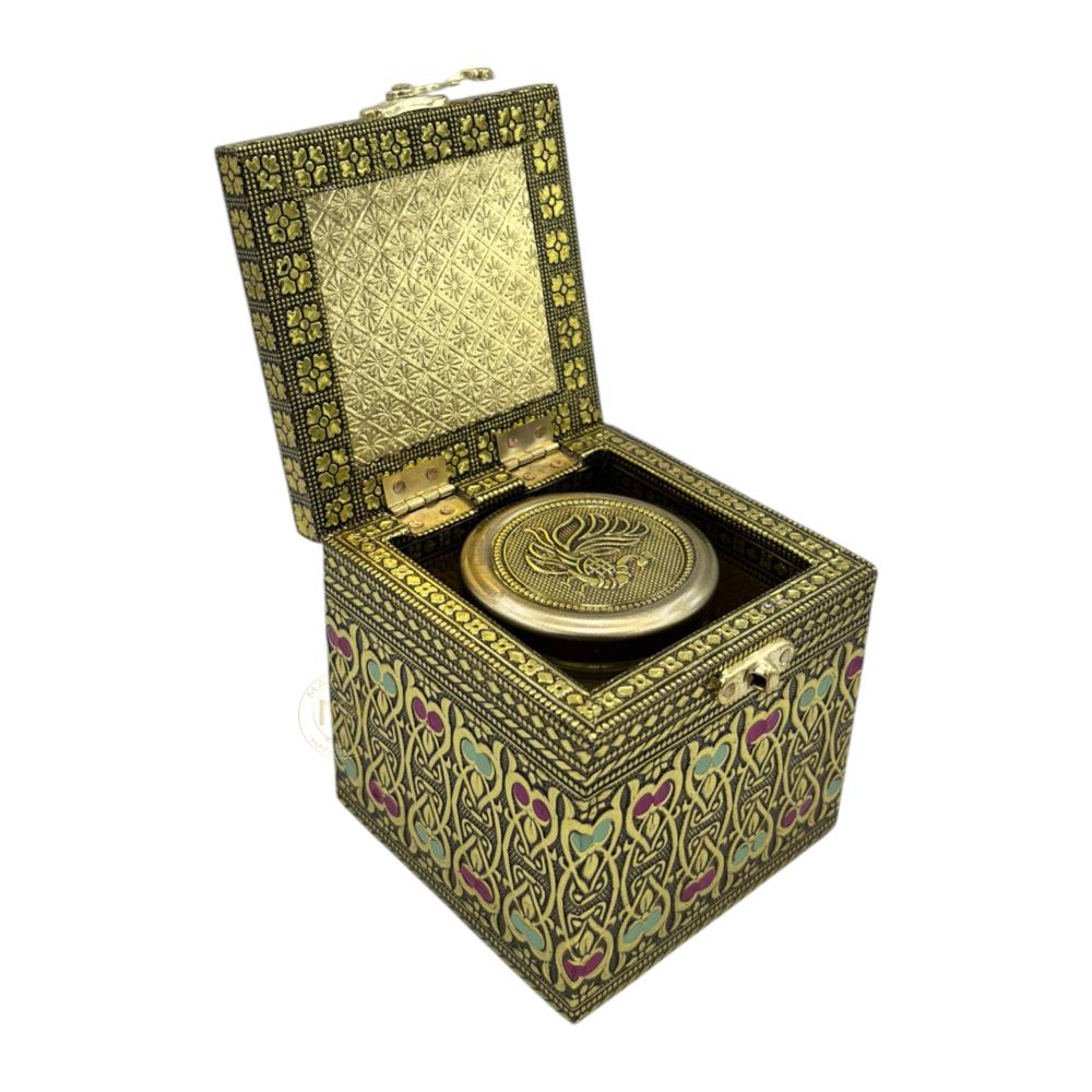 Premium Decorative Brass Finish Meenakari Dry Fruit Box with 1 Glass Jars for Gifting & Festive use